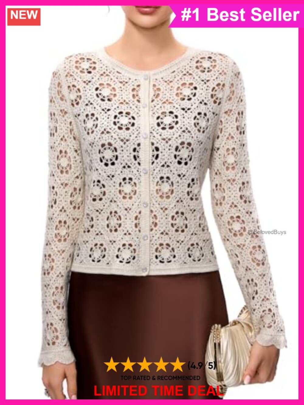 Women's Crochet Cardigan Wool Blend Gold Thread Open Front Button Vintage Knit